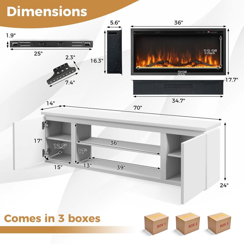 Electric Fireplace TV Stand with Adjustable-Removable Shelves and 2 Cabinets for Living Room - 70" x 14" x 24"