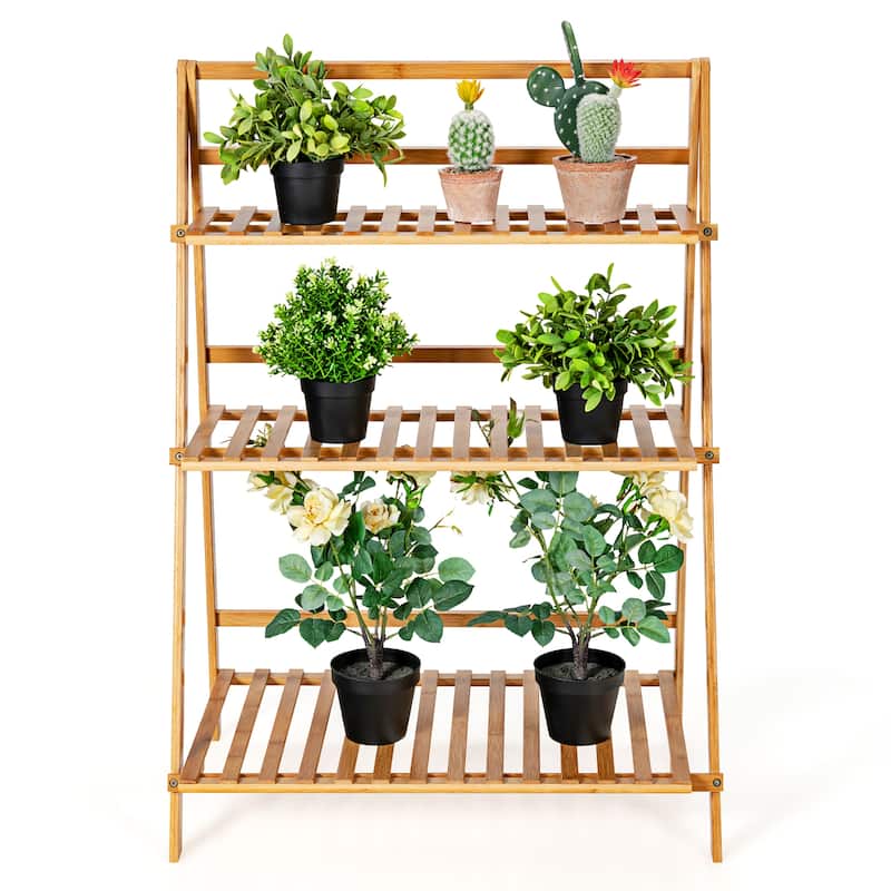 Costway 3 Tier Outdoor Bamboo Flower Pot Shelf Stand Folding Display