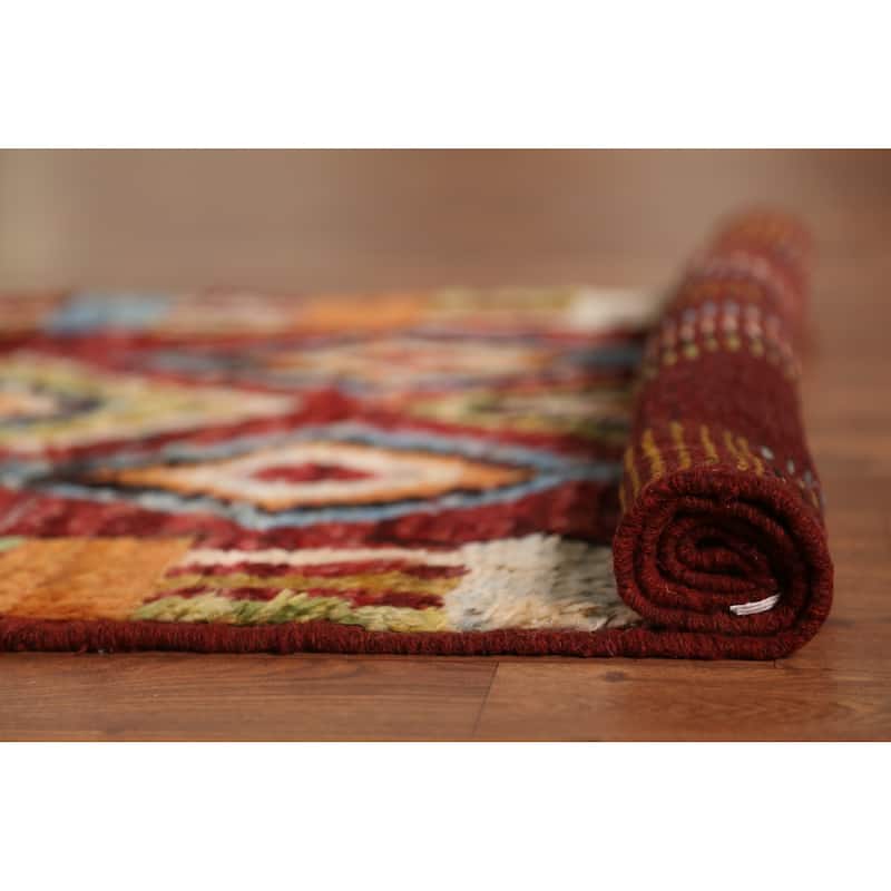 Geometric Red Moroccan Oriental Runner Rug Handmade Wool Carpet - 2'11" x 9'9"