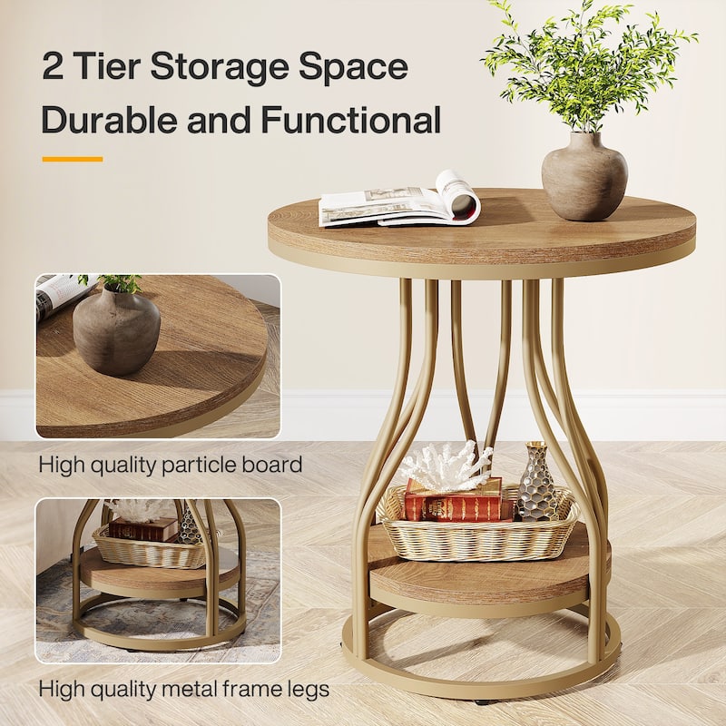 2-Tier Round End Side Table, Modern Nightstand