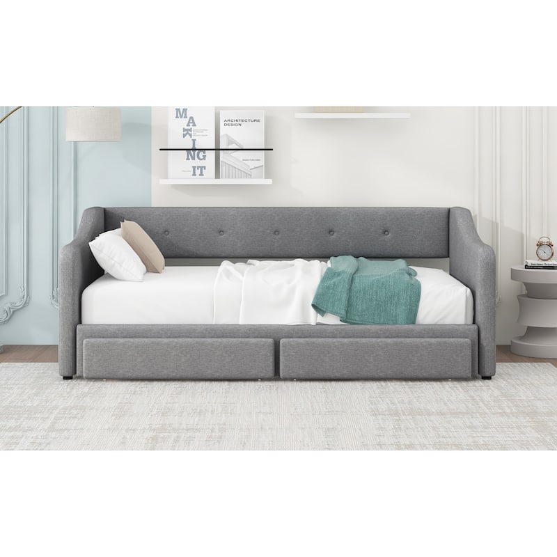 Convertible Twin XL to King Size Upholstered Daybed with Two Drawers, Gray