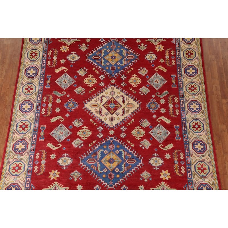 Red Geometric Kazak Rug Handmade Wool Carpet - 7'10"x 9'6"