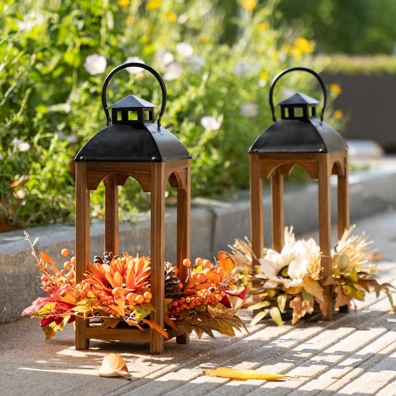 Glitzhome 20"H Fall Pumpkin Sunflower Pine Cone Wooden Hanging Lantern Table Centerpiece - Orange & White