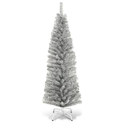 Costway 6FT Tinsel Tree Slim Pencil Christmas Tree Silver Champagne - 6 FT