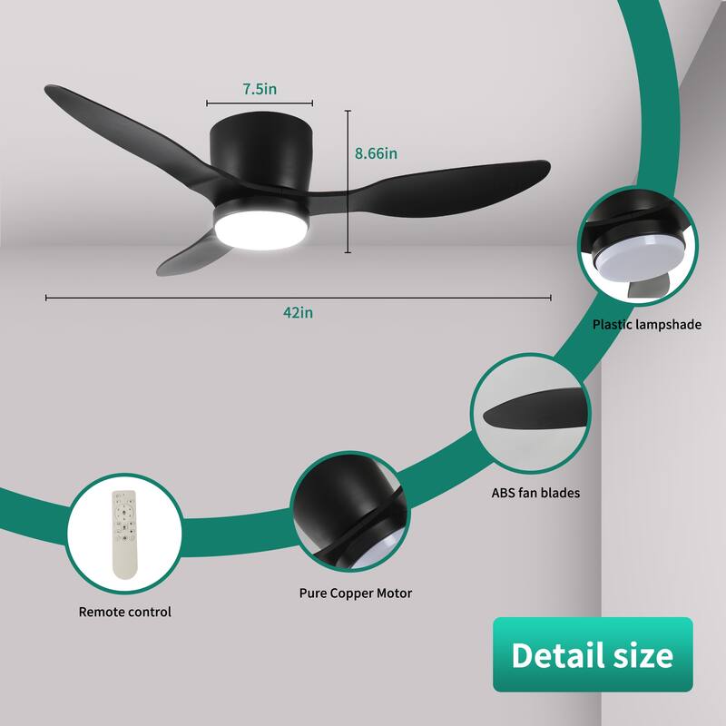 42" Flush Mount Ceiling Fan with Lights Remote, 3 Blades Smart Ceiling Fan
