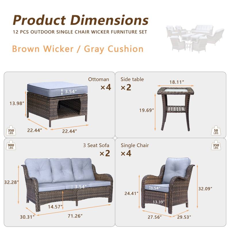 Brown Wicker Outdoor Patio Furniture Sofa Set with Denim Blue Cushions