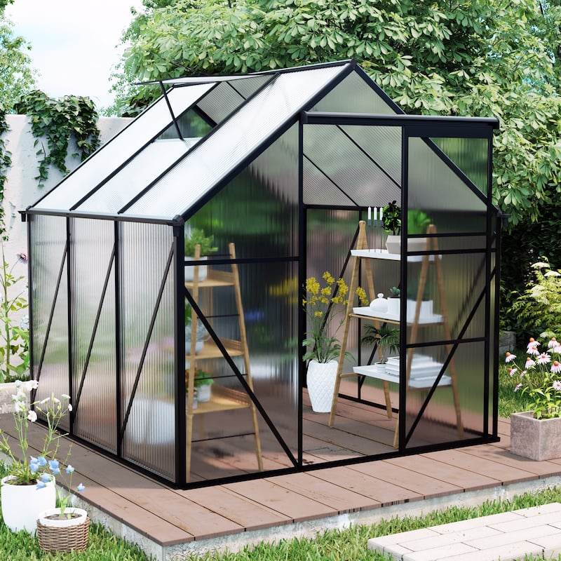 6X6FT-BLACK Polycarbonate Greenhouse Raised Base and Anchor Aluminum Heavy Duty Walk-in Greenhouses in All Season - Black