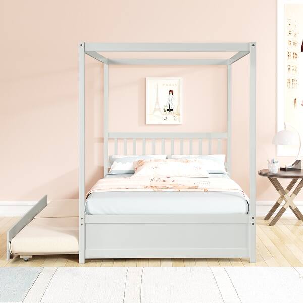 slide 2 of 21, Full Size Canopy Bed with Trundle, Full Kids Wood Platform Bed Frame w/Headboard Wooden Twin Trundle Bed, No Box Spring Needed White - Full