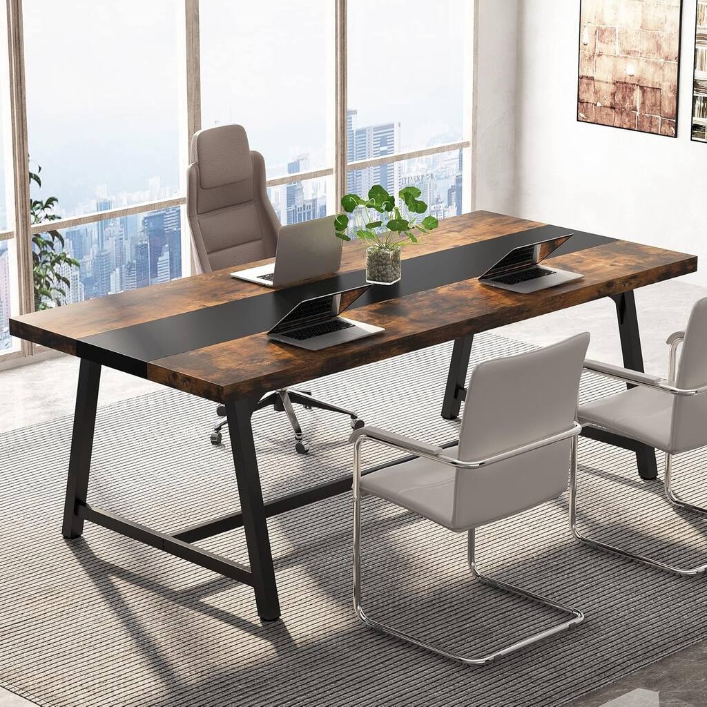 70", Modern Rectangular Conference Table for 6-8 People, Rustic Brown & Black