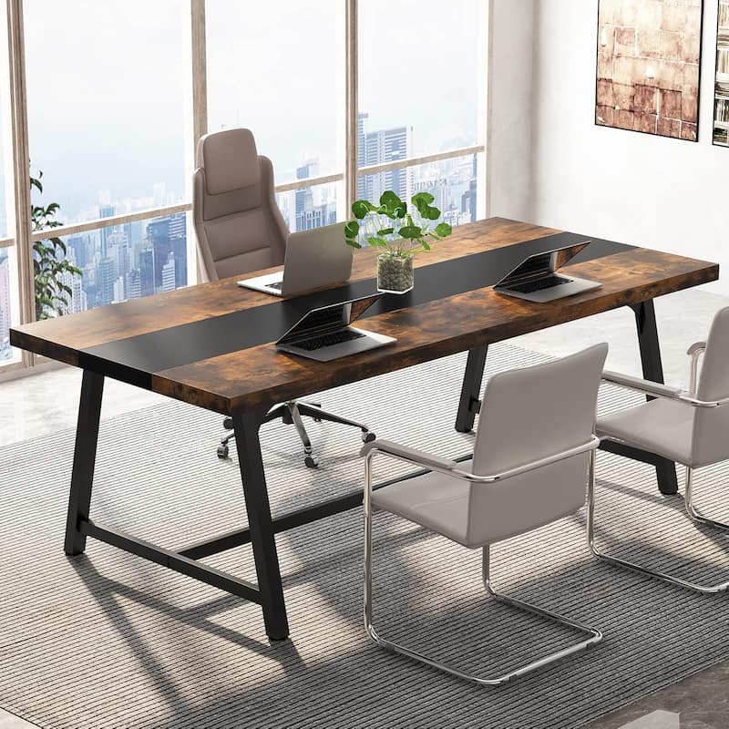 70", Modern Rectangular Conference Table for 6-8 People, Rustic Brown & Black
