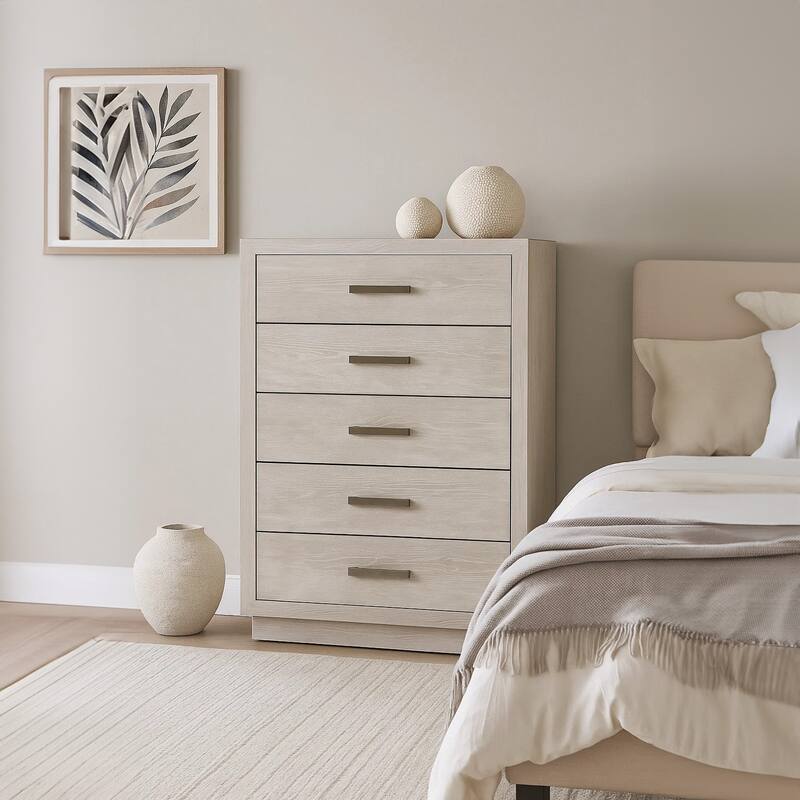 Kexa Tall Dresser Chest, 5 Drawers, Light Gray Solid Wood, Nickel Metal