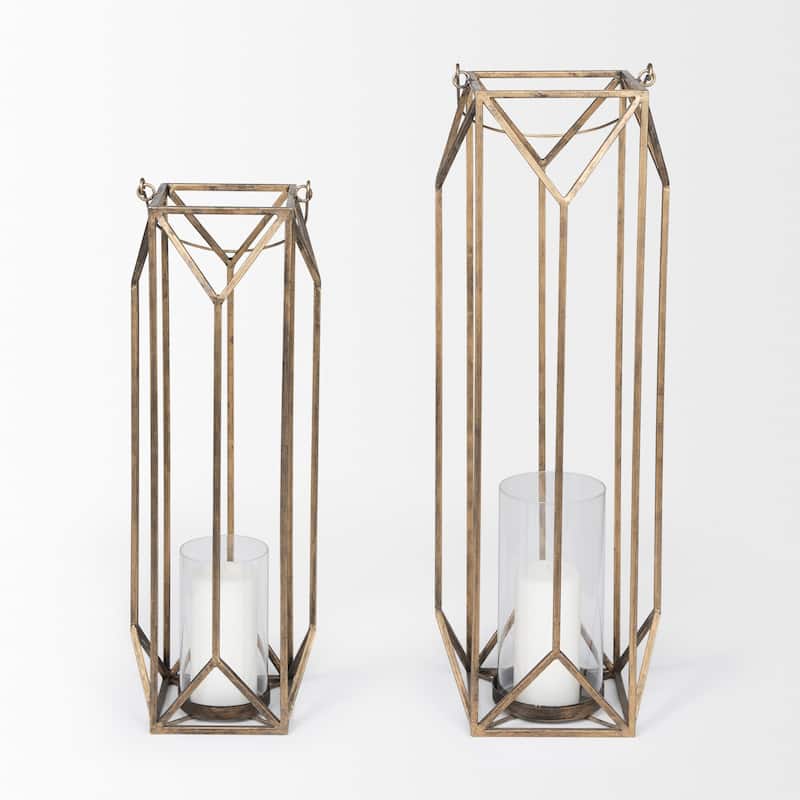 Ivy Large Gold Metal Geometric Cage w/Hanger Candle Holder Lantern