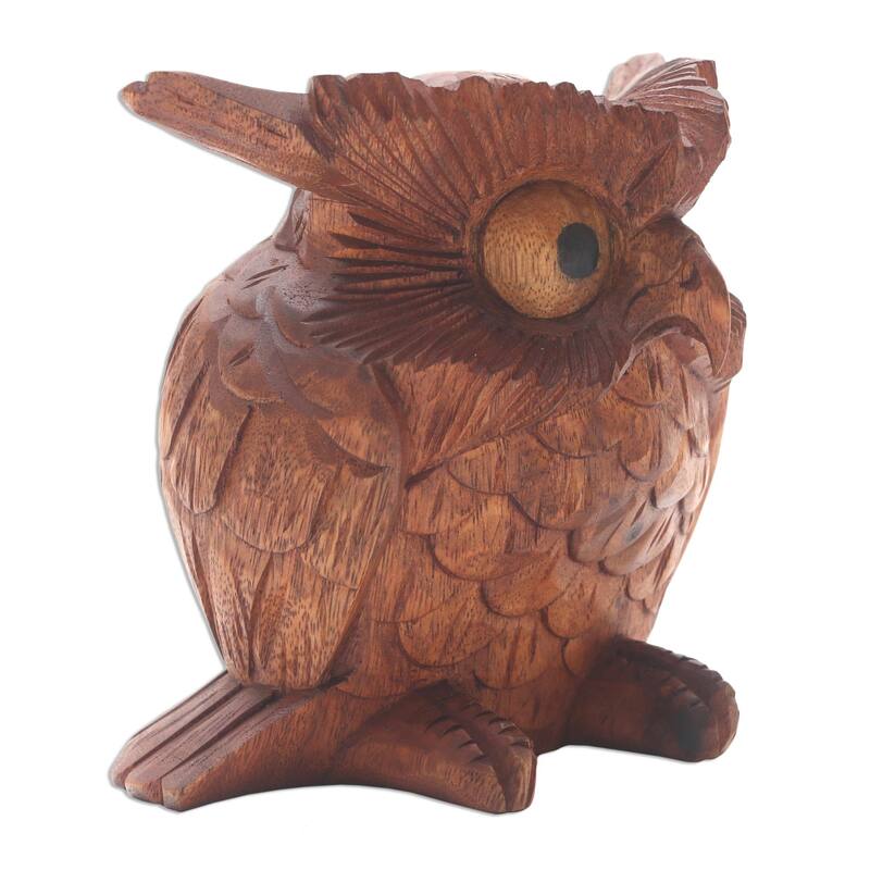 Novica Handmade Clever Owl Wood Statuette