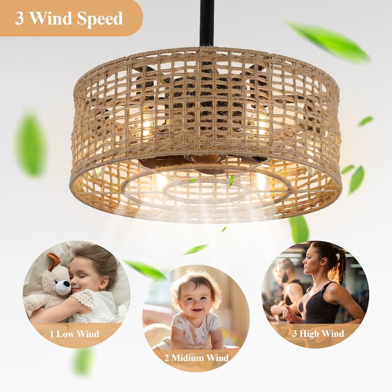 Cusp Barn 18" Boho Ceiling Fan with Remote Control, Caged Rattan 6-Light 3 Speeds Reversible Fandelier for Bedroom Living Room
