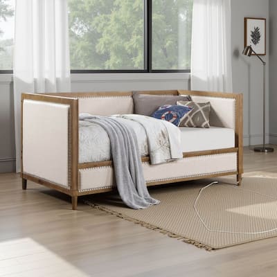 Kyra Twin Daybed with Nailhead Trim, Light Oak Pinewood, Beige Fabric