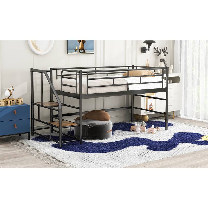 Twin Metal Mid Loft Bed with Storage Stairs