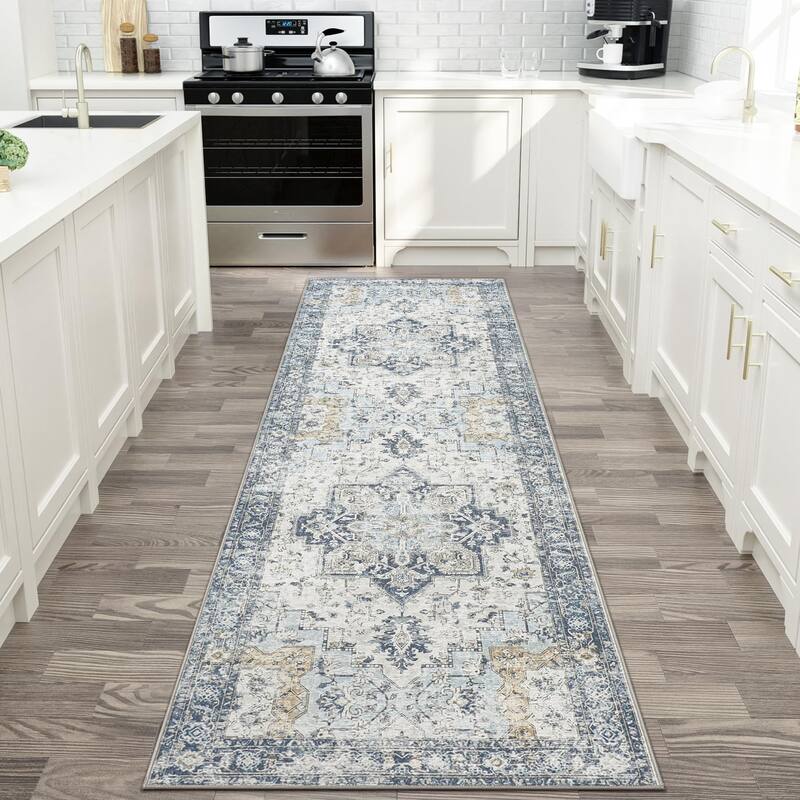 Mcow Neutral Floral Low Pile Machine Washable Non-Slip Area Rug