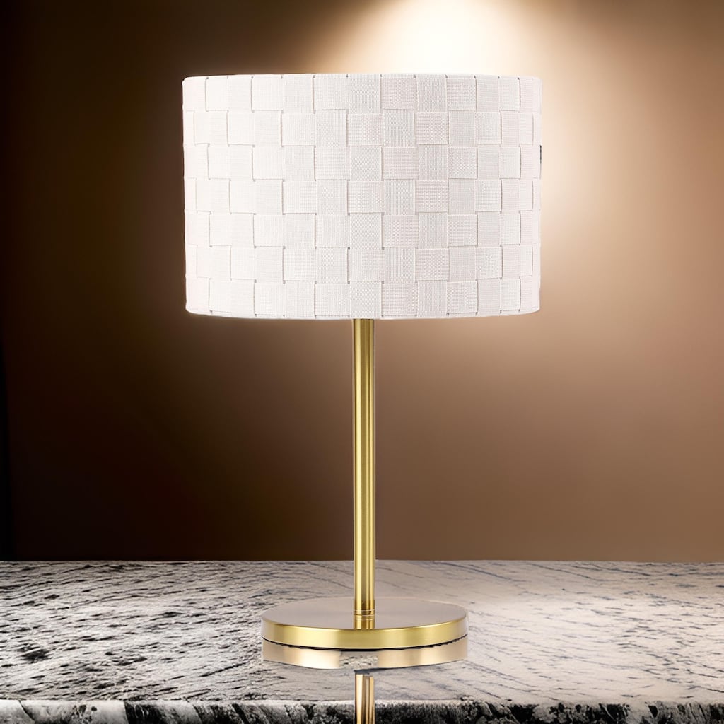 Nek 19 Inch Buffet Table Lamp, Basketweave Drum Shade, Ivory Fabric, Gold