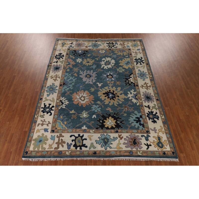 Floral Blue Oushak Oriental Area Rug Handmade Wool Carpet - 9'0"x 11'10"