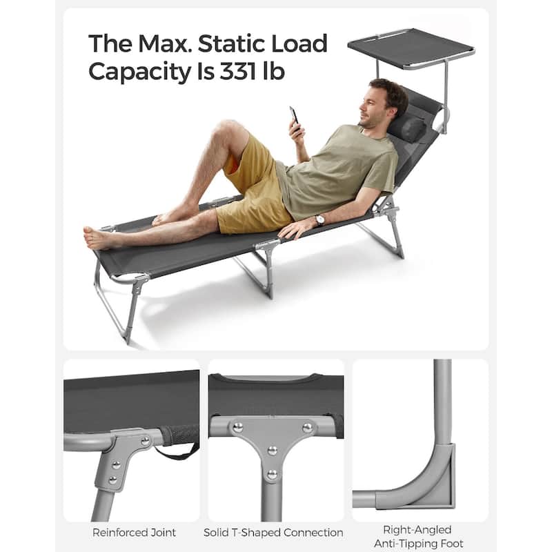 Steel Folding Sun Lounger with Adjustable Recline, Detachable Headrest and Sunshade - 76"D x 20.9"W x 11.4"H