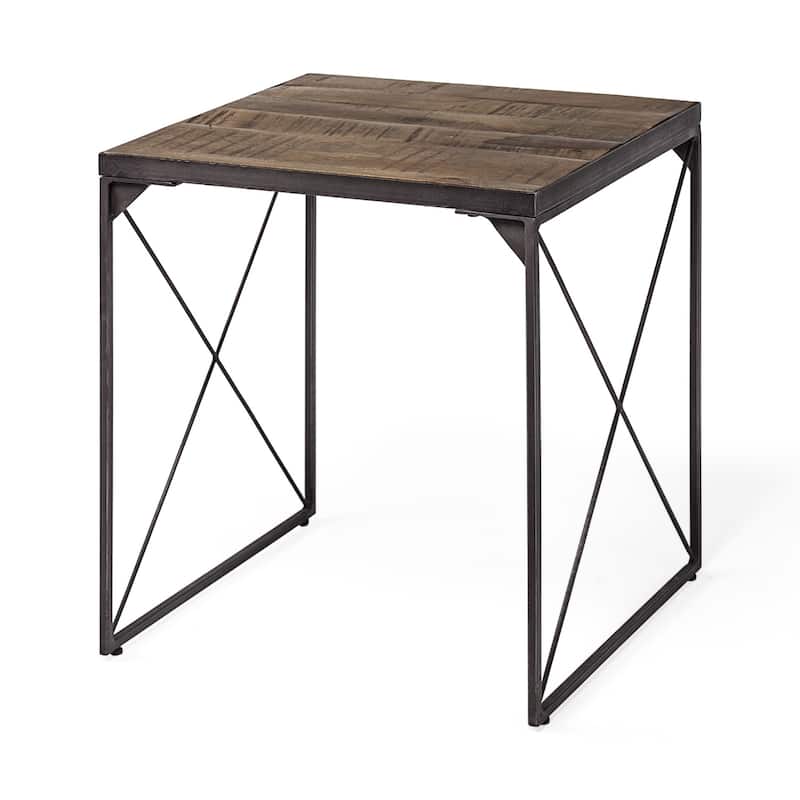 Black Metal Base Square End Table with 2 Inch Brown Solid Wood Top and Iron Legs - 24” x 24” x 22.5” (D x W x H)