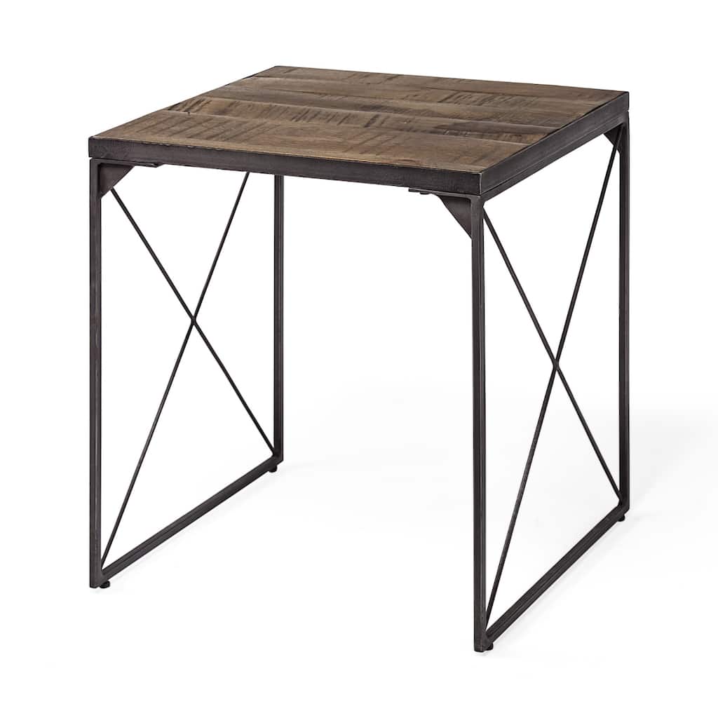 Black Metal Base Square End Table with 2 Inch Brown Solid Wood Top and Iron Legs - 24” x 24” x 22.5” (D x W x H)