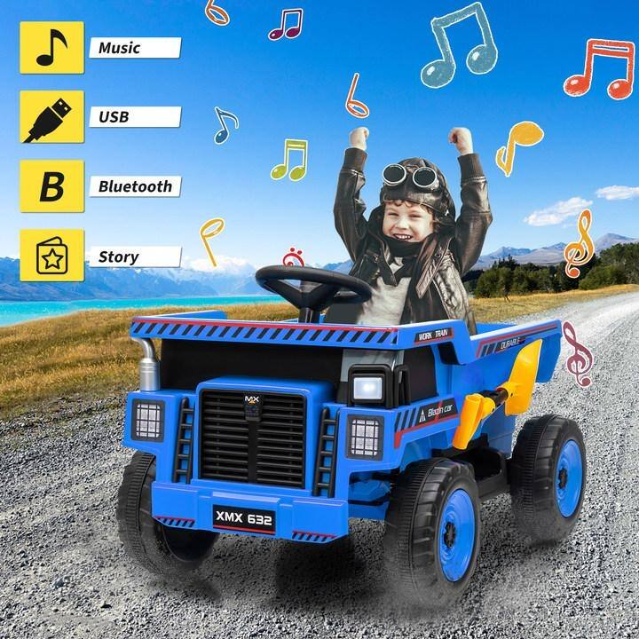 12V Ride-On Dump Truck with Remote Control, Automatic Lift Bed, Shovel & Music Player – for Kids Ages 3–8