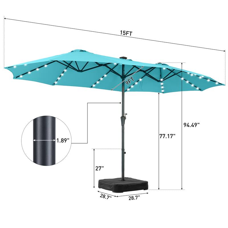 15ft Patio Umbrella Outdoor Market Umbrella with Base and LED Lights