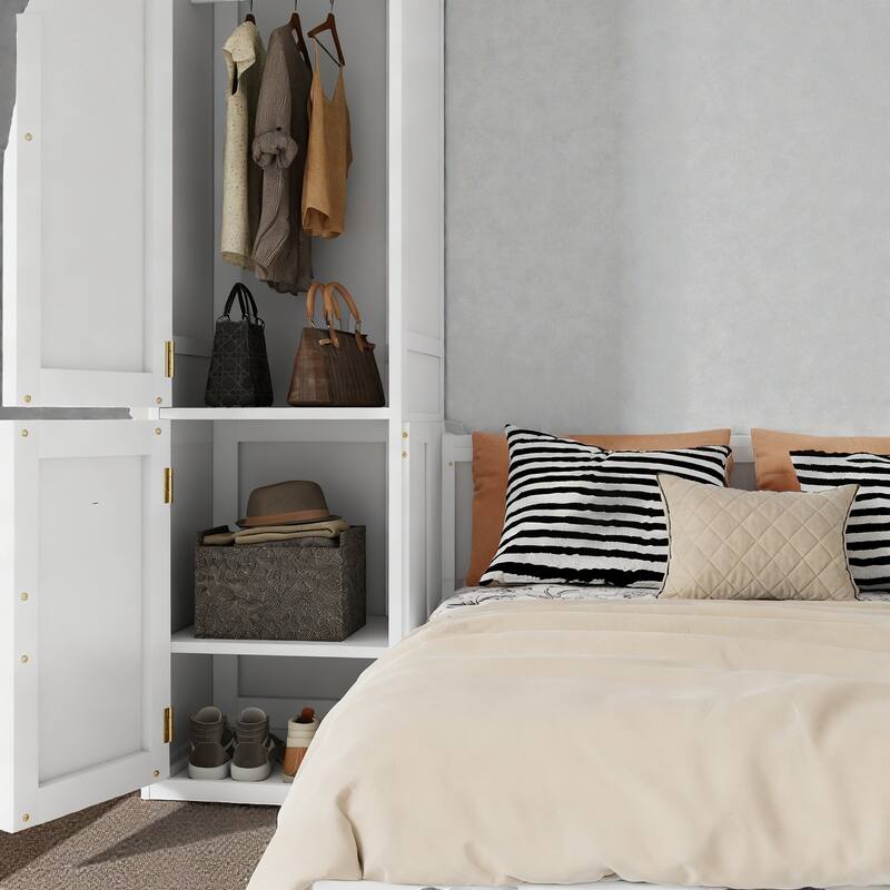 Queen Murphy Bed with Wardrobe and Desk, Space-Saving Wall Bed with Gas Struts and Charging Station