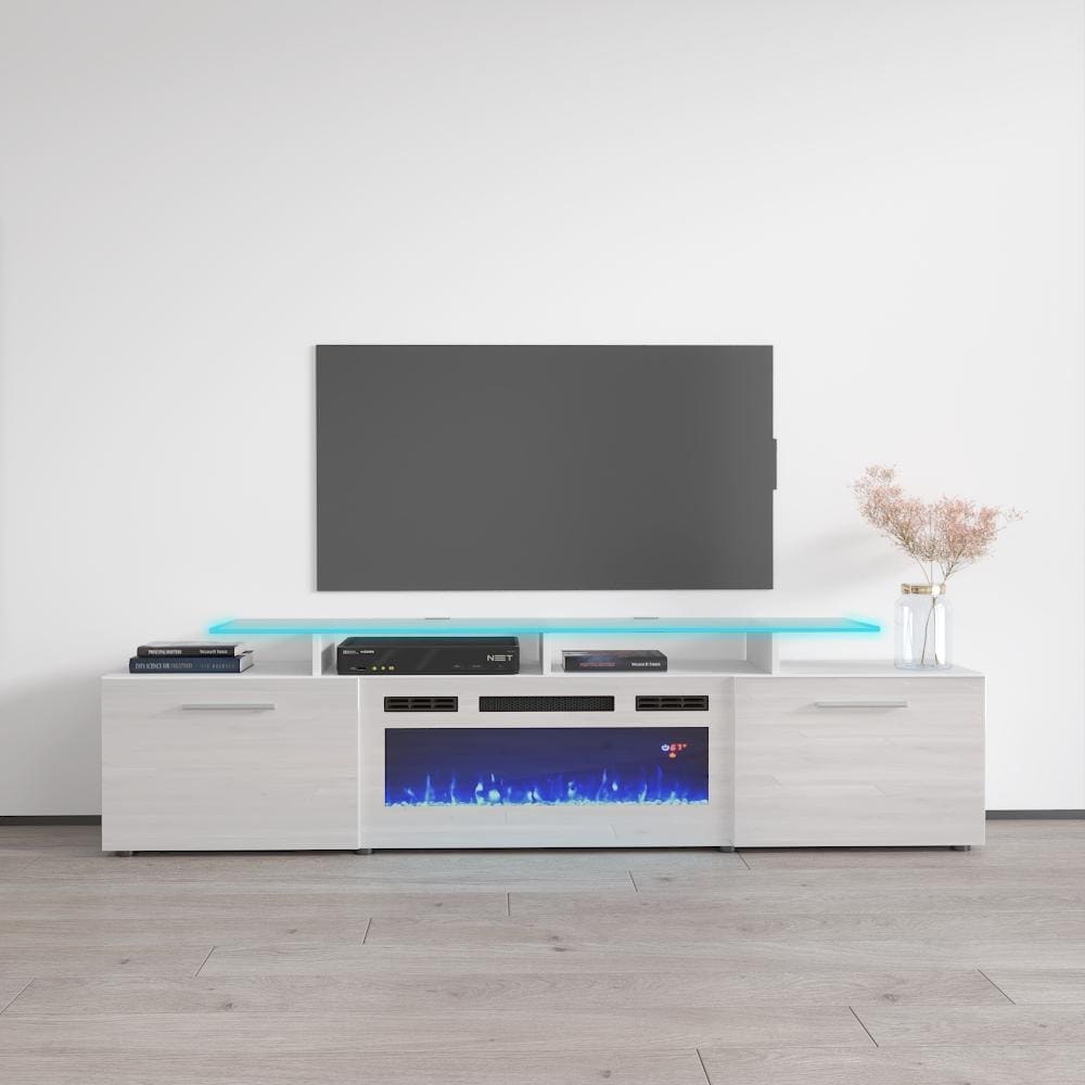Meble Furniture Rova WH-EF Electric Fireplace 75" TV Stand and High Gloss Finish for up to 85" TVs