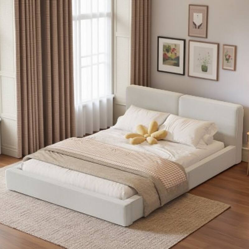 Velvet Upholstered Queen Platform Bed with Solid MDF Frame, Grounded Design for Stability - Beige