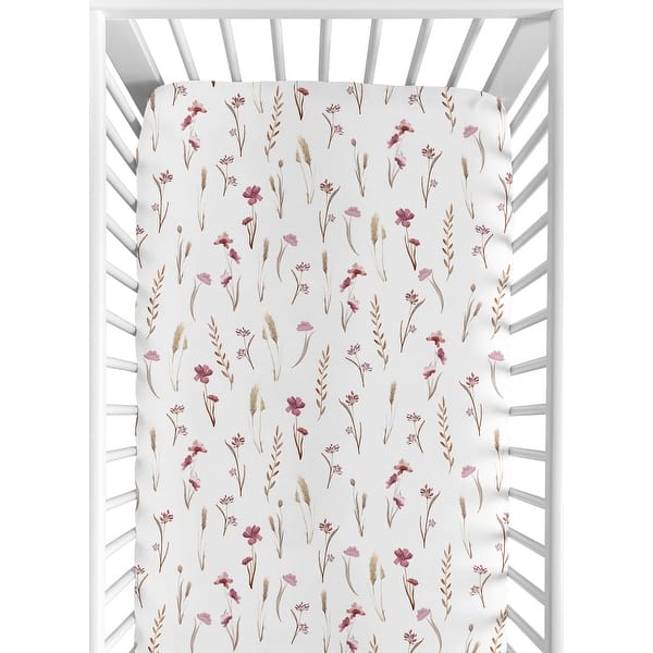 slide 2 of 6, Sweet Jojo Designs Boho Floral Garden Flower Girl Fitted Crib Sheet Pink Watercolor Bohemian Farmhouse Vintage Shabby Chic Mauve