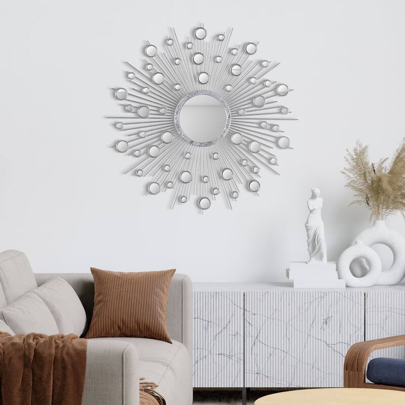 "Milkyway I" Bling Round Wall Mirror with Silver Metal Frame, Decorative Mirror - 36 x 36