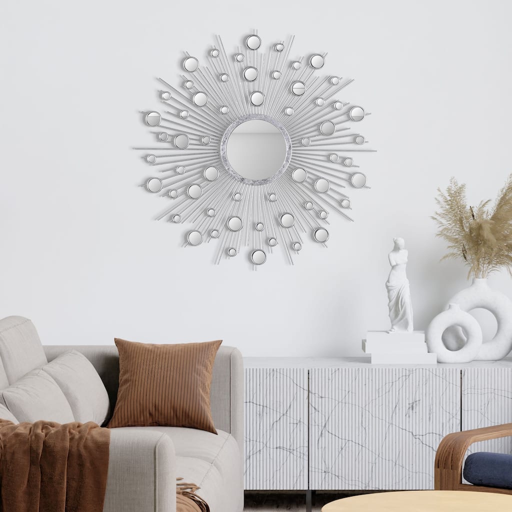 "Milkyway I" Bling Round Wall Mirror with Silver Metal Frame, Decorative Mirror - 36 x 36