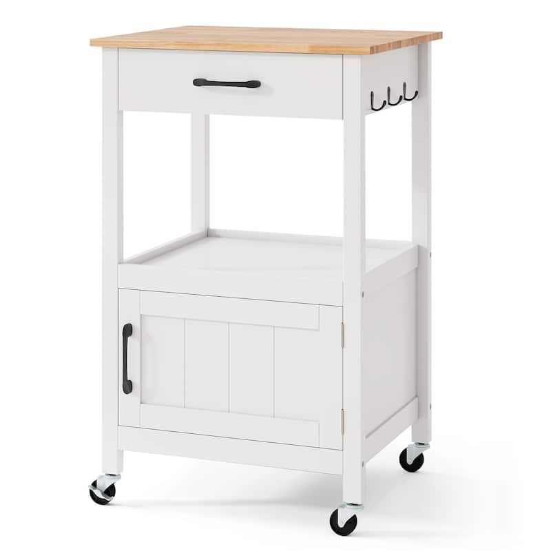 Mobile Rolling Kitchen Cart with Drawer and Cabinet Hooks for Dining Room or Living Room - 22" x 18" x 36" (L x W x H) - White