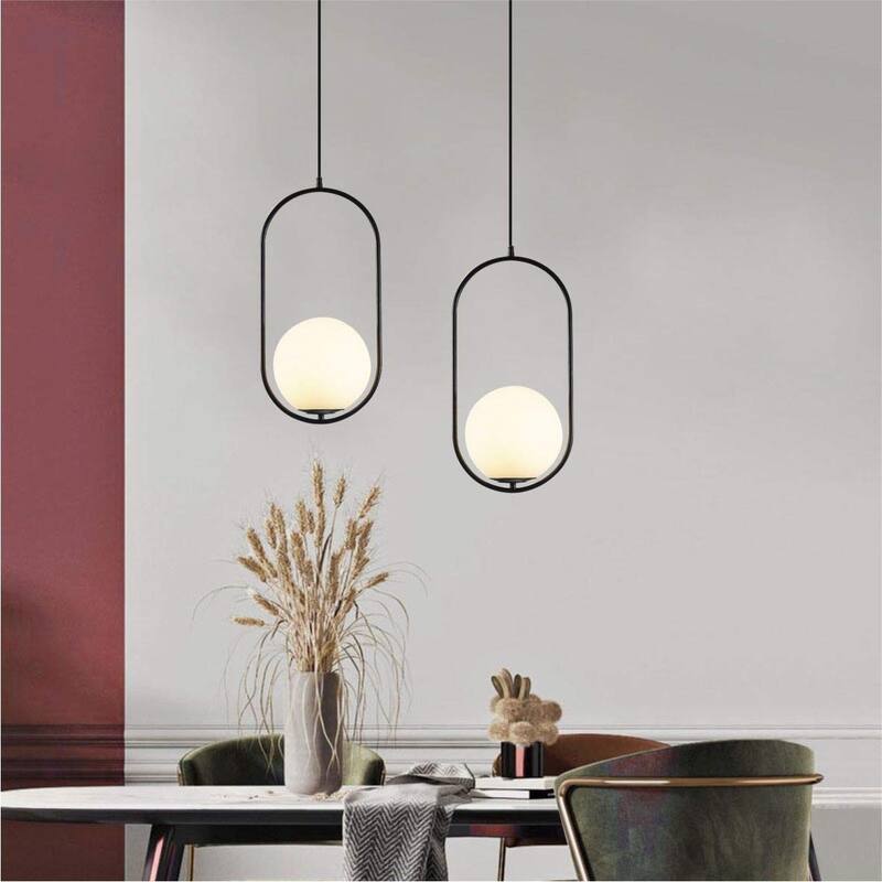 YANSUN 1-Light Oval Black Globe Modern Pendant Light Hanging Lighting Fixture for Kitchen Island Living Room Dining Room