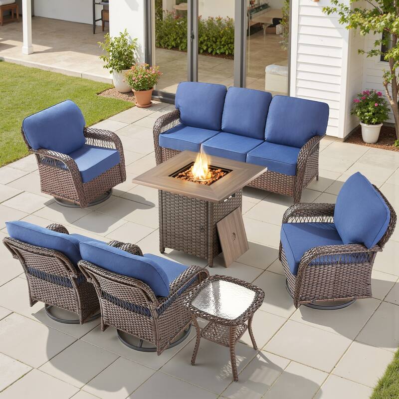 Pocassy Outdoor Sofa Ottoman Swivel Chair Table with Fire Table Set. - Brown Wicker Blue Cushion - 7-Piece Sofa Swivel Chair Table w/ Fie Pit Table