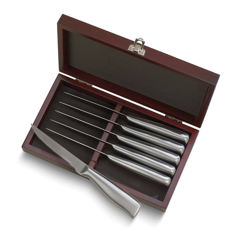 Curata Appuntito Stainless Steel 6 Piece Knife Set with Brushed Handles in Rosewood Finish Wood Box