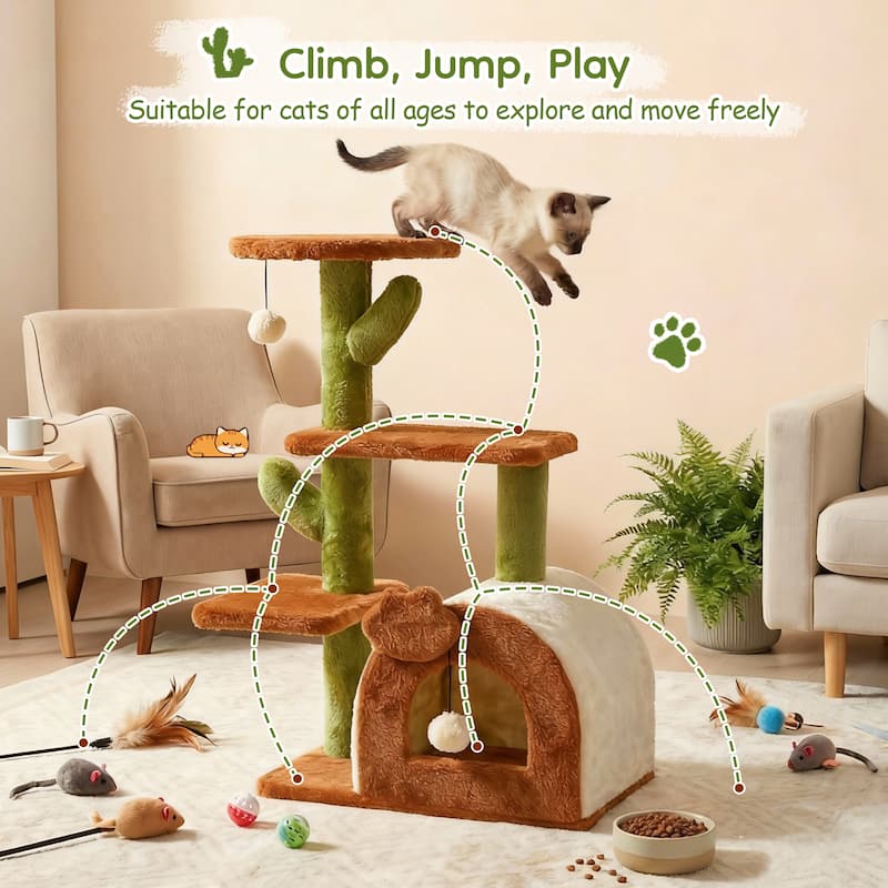 Cactus Cat Tree for Indoor Cats with Cozy Condo Wide Top Perch Multi-Level Jumping and Lounging Space 27.5inch Plush, Brown