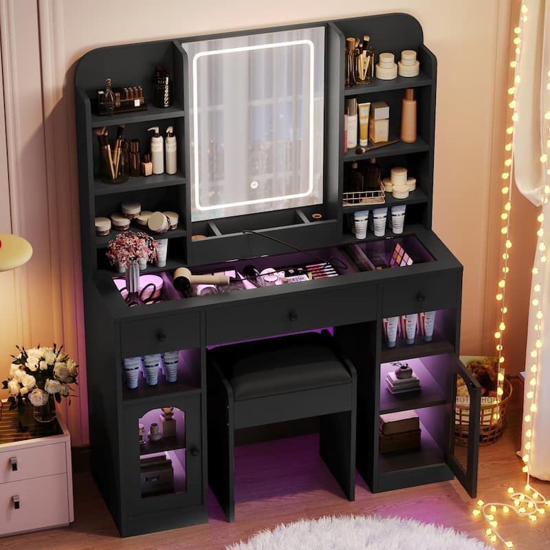 Roomfitters 43.2" Makeup Vanity Desk with LED Lighted Mirror, Glass Door Cabinets, Charging Station and Stool - Black