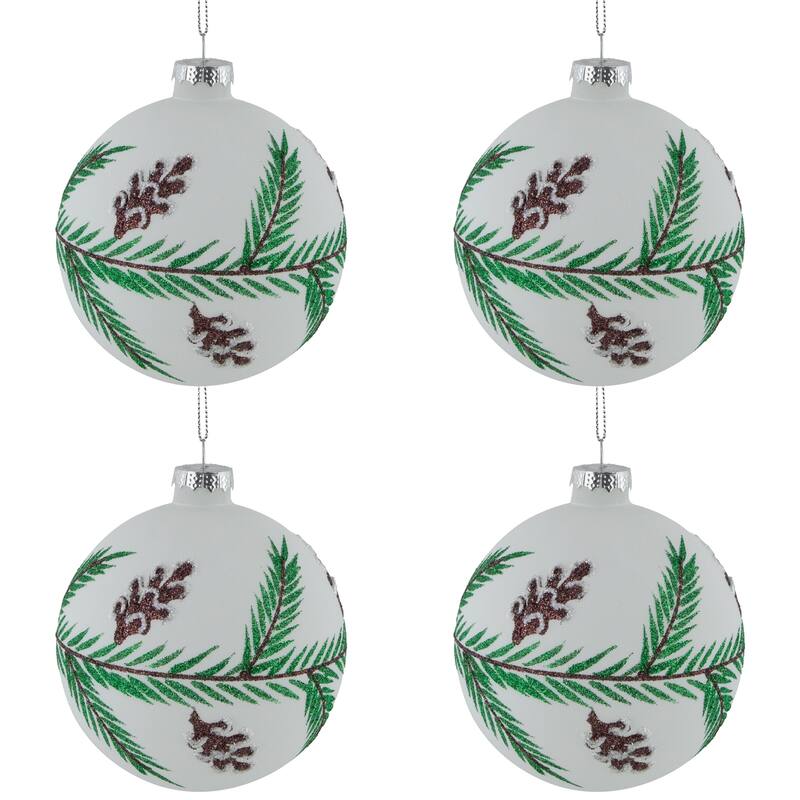 Glittered Glass Ball Christmas Ornaments with Pine Cones - 4" (100mm) - 4ct