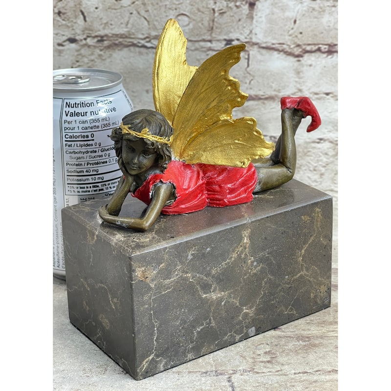 Colorful Resting Fairy Girl Child Bronze Metal Figurine Sculpture On Marble Base
