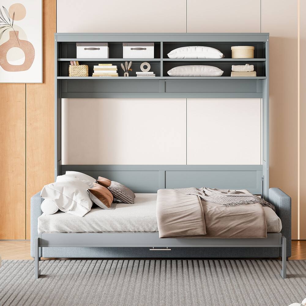 Queen Size Murphy Bed Chest with 4 Seat Sofa and Top Shelves, Foldable Murphy Wall Bed Frame, Hidden Vertical Wall Cabinet Bed