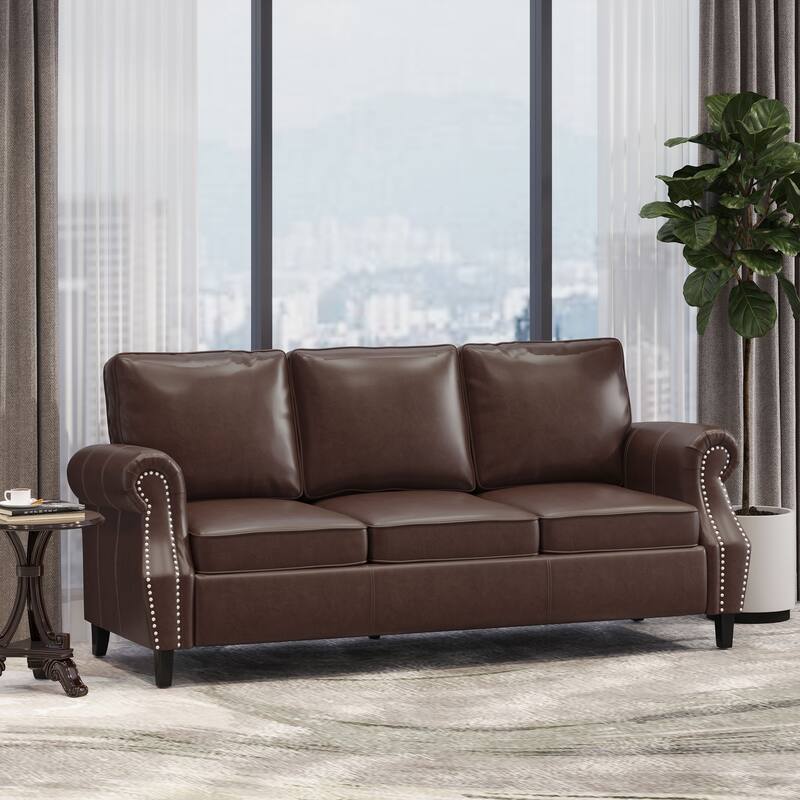 Contemporary 3-Seater Sofa with Faux Leather, Nailhead Accents, and Birch Wood Legs