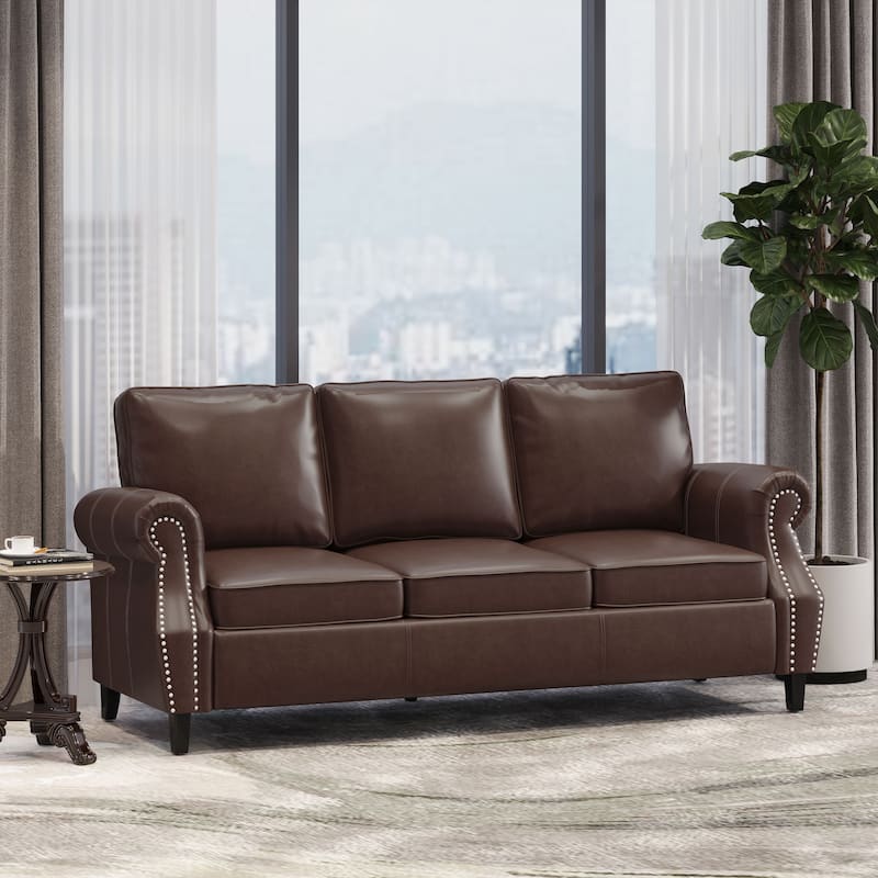 Roomfitters 3 Seater Classic Faux Leather Sofa with Rolled Arms and Nailhead Trim for Living Room or Study