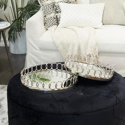 Silver Stainless Steel Metal Mirrored Tray with Circle Patterned Sides (Set of 2) - 16", 14"W