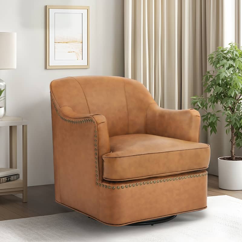 Genuine Leather Swivel Upholstered Accent Barrel Chair with Metal Base for Living Room - Whiskey Brown
