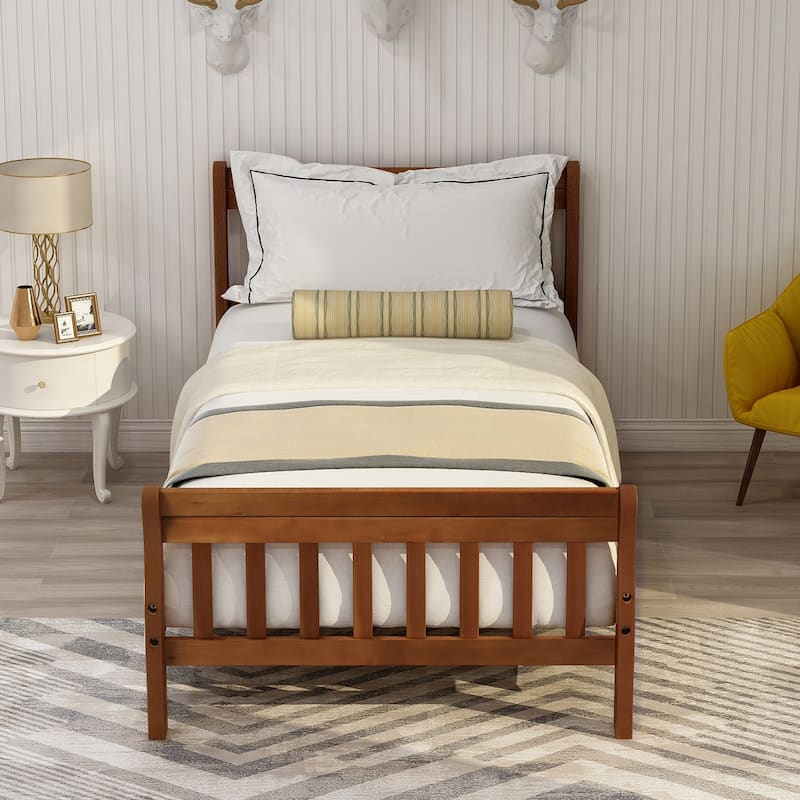 Classic Sleigh Bed Twin Size Platform Bed with Hollow Design Headboard and Footboard, Solid Wood Frame with Slat Support
