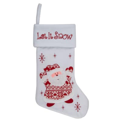 19" Red White "Let It Snow" Santa Claus Embroidered Christmas Stocking