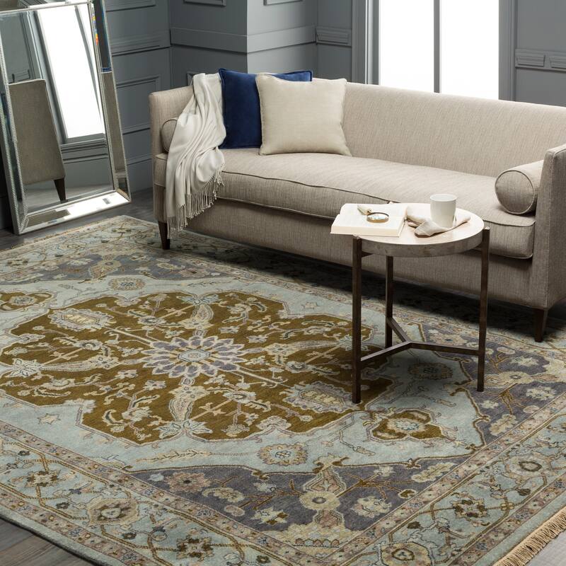 Hand-Knotted Tim Border New Zealand Wool Area Rug - 2'6" x 8' - Grey